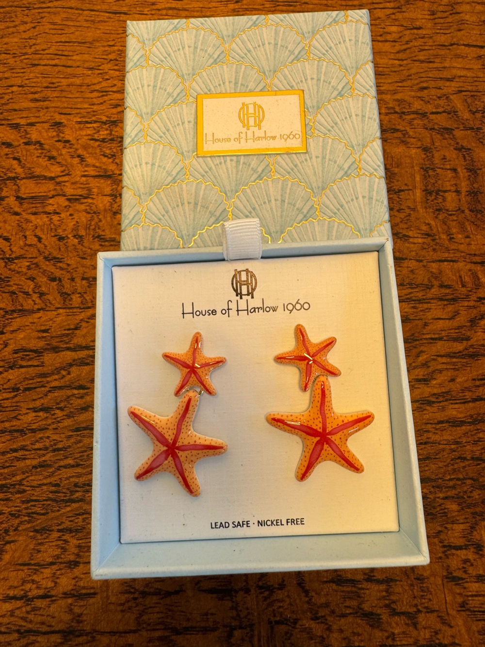 NIB House of Harlow 1960 Orange and Red Enamel Double Starfish Drop Earrings - Picture 1 of 4